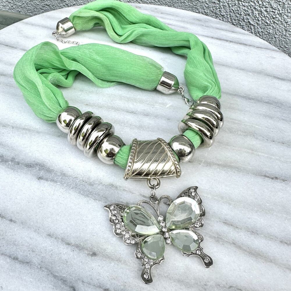Butterfly Scarf Necklace Green Jewel Silver Tone Fairycore Y2K Statement Vintage